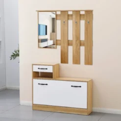 Mobile Scarpiera per Ingresso con Specchio e Appendiabiti Legno Rovere