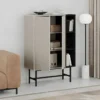 Mobile Soggiorno Moderno Alto con 2 Ante Beige Nero 3 Vani a Giorno