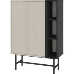 Mobile Soggiorno Moderno Alto con 2 Ante Beige Nero 3 Vani a Giorno