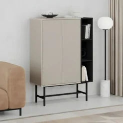 Mobile Soggiorno Moderno Alto con 2 Ante Beige Nero 3 Vani a Giorno