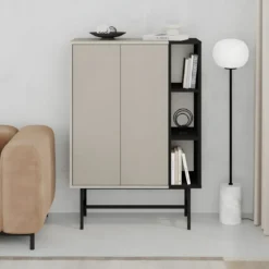 Mobile Soggiorno Moderno Alto con 2 Ante Beige Nero 3 Vani a Giorno