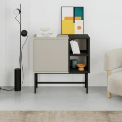 Mobile Soggiorno Moderno Basso 1 Anta Beige Nero 2 Vani a Giorno