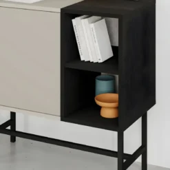 Mobile Soggiorno Moderno Basso 1 Anta Beige Nero 2 Vani a Giorno