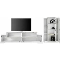 Mobile Televisore da Salotto 200 cm con Vetrina Bianco Lucido Cemento