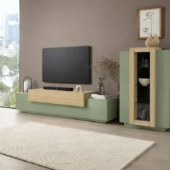 Mobile TV da Appoggio 200 cm 3 Ante a Ribalta Verde Salvia Rovere