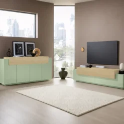 Mobile TV da Appoggio 200 cm 3 Ante a Ribalta Verde Salvia Rovere