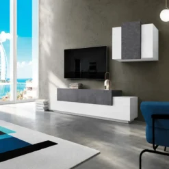 Mobile TV da Terra 240 cm con Pensile in Legno Bianco Lucido Report