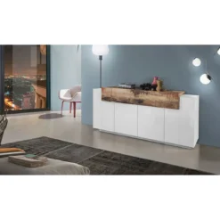 Moderna Madia Bianco e Acero Credenza con 4 Ante Mobile per Soggiorno
