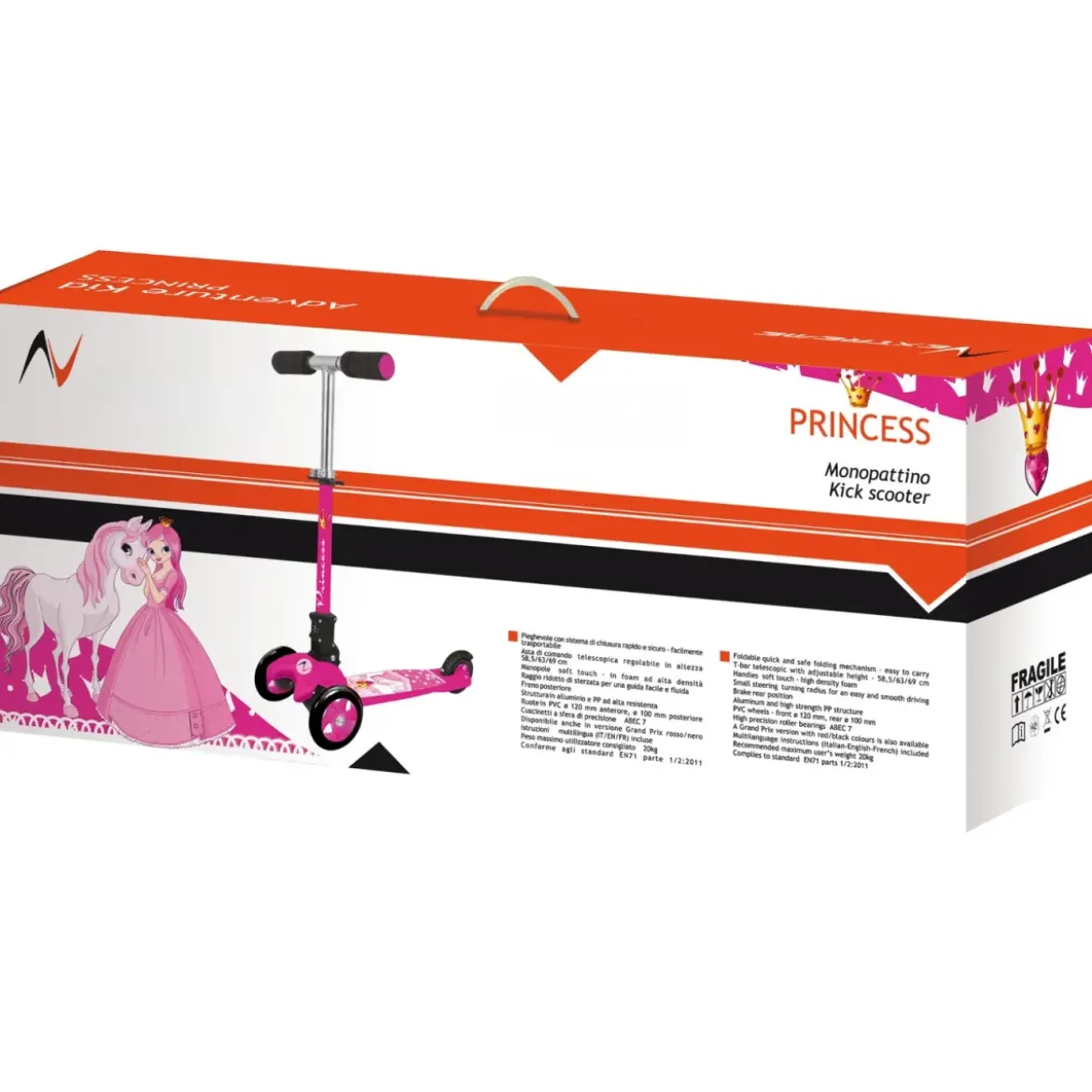 Monopattino a 3 Ruote Bambini Principessa Fucsia Altezza Regolabile