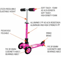 Monopattino a 3 Ruote Bambini Principessa Fucsia Altezza Regolabile