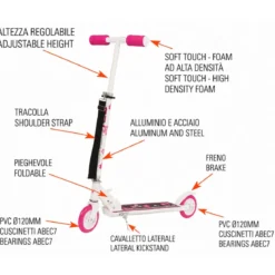 Monopattino Bambini 2 Ruote Pieghevole Bianco Fucsia Altezza Regolabile