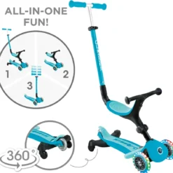 Monopattino Evolutivo 3 in 1 Celeste con Luci LED Sterzo Parentale 360