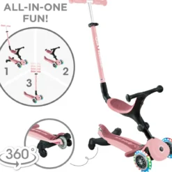 Monopattino Evolutivo 3 in 1 Rosa Pastello con Luci LED Sterzo 360