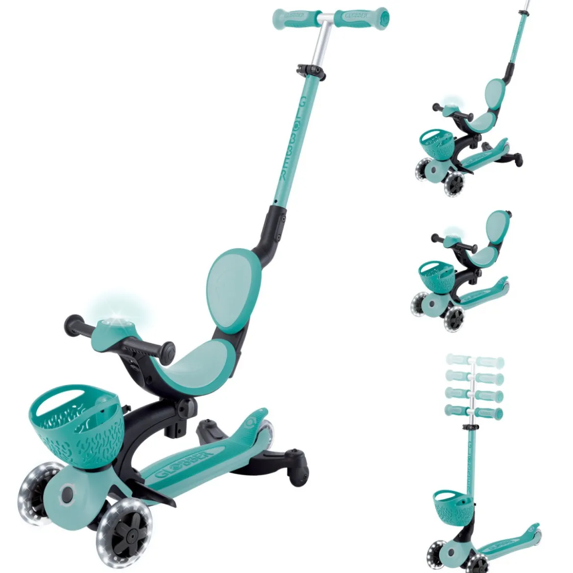 Monopattino Evolutivo per Bambini 3 in 1 Verde Menta con Luci LED 50kg