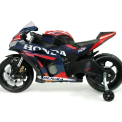 Moto Elettrica per Bambini Honda 12V Blu con Rotelle Laterali Luci LED