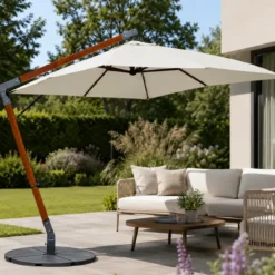 Ombrellone da Giardino Palo Laterale in Legno 4x4 m Ecrù con Manovella