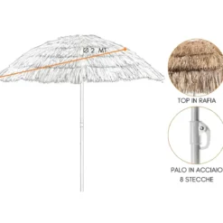 Ombrellone da Spiaggia in Rafia 2x2 m Inclinabile con Copertura