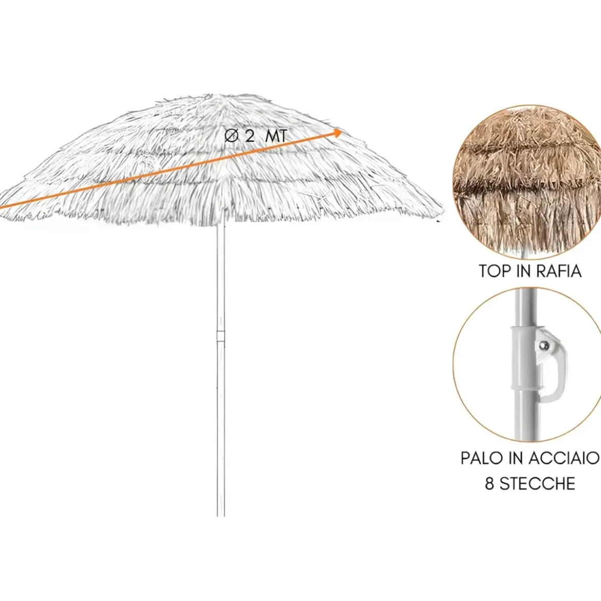 Ombrellone da Spiaggia in Rafia 2x2 m Inclinabile con Copertura