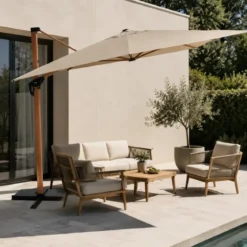 Ombrellone Decentrato 3x3 Girevole Sabbia da Giardino Effetto Legno
