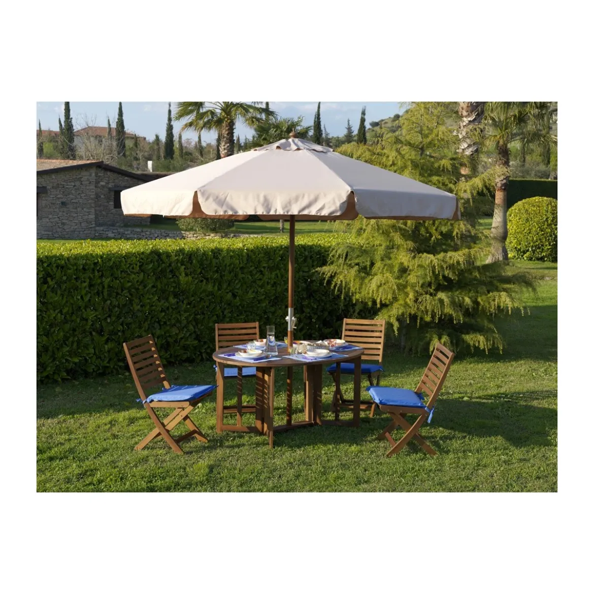 Ombrellone in Legno Rotondo 3 Metri Palo Centrale da Terrazzo Giardino Manovella