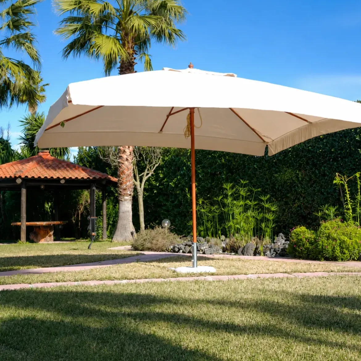 Ombrellone Oasis 3x4 Ecru Palo Centrale Legno Copertura Giardino Ombra Tavolo