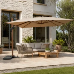 Ombrellone per Giardino 4x4 m Palo Decentrato Legno Beige Antivento