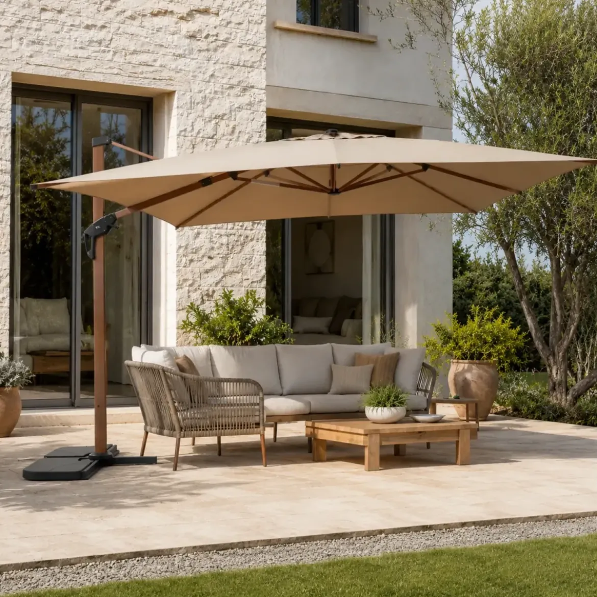 Ombrellone per Giardino 4x4 m Palo Decentrato Legno Beige Antivento