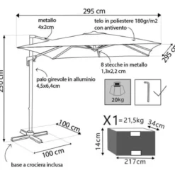 Ombrellone per Giardino 3x3 Palo Laterale Acciaio Nero Telo Grigio