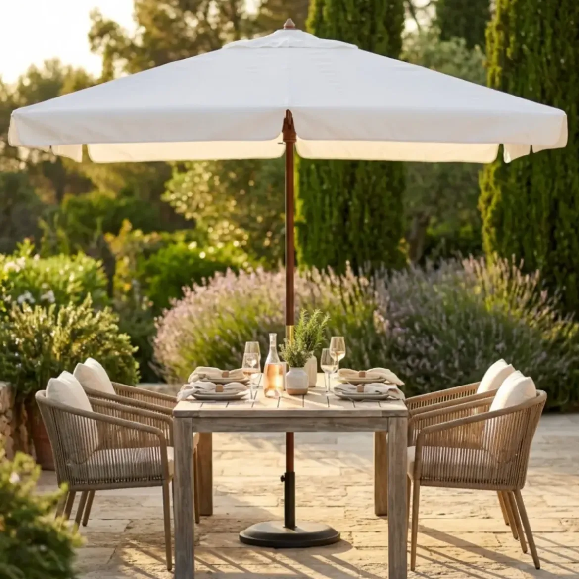 Ombrellone per Giardino 3x4 Palo Centrale Bianco Legno Antivento