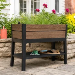 Orto Rialzato Effetto Legno con Ripiano 113x47,5x79,8 cm Marrone