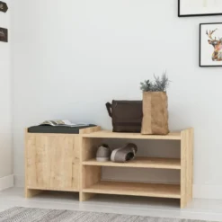 Panca Portascarpe con Cuscino Imbottito Mobile Ingresso in Legno Rovere