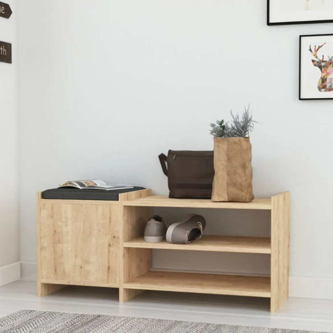Panca Portascarpe con Cuscino Imbottito Mobile Ingresso in Legno Rovere