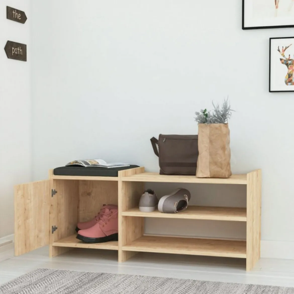 Panca Portascarpe con Cuscino Imbottito Mobile Ingresso in Legno Rovere