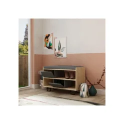 Panca Scarpiera in Legno con Cuscino Imbottito Mobile Ingresso Rovere