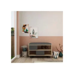 Panca Scarpiera in Legno con Cuscino Imbottito Mobile Ingresso Rovere