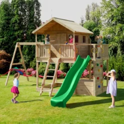Parco Giochi Casetta in Legno con 2 Altalene e Scivolo 491x593x314cm