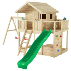 Parco Giochi Casetta in Legno con 2 Altalene e Scivolo 491x593x314cm