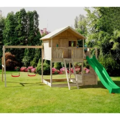 Parco Giochi Casetta in Legno con 2 Altalene e Scivolo 491x593x314cm