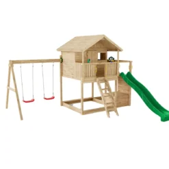 Parco Giochi Casetta in Legno con 2 Altalene e Scivolo 491x593x314cm