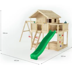 Parco Giochi Casetta in Legno con 2 Altalene e Scivolo 491x593x314cm