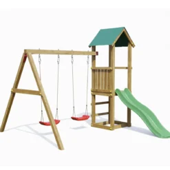 Parco Giochi in Legno con 2 Altalene Scivolo e Sabbiera 310x275x245cm