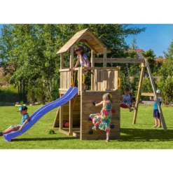 Parco Giochi in Legno con Altalena Scivolo Rampa con Corda Sabbiera 310x460x282 cm