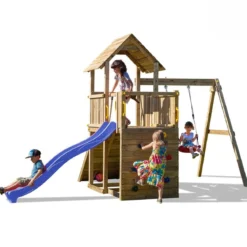 Parco Giochi in Legno con Altalena Scivolo Rampa con Corda Sabbiera 310x460x282 cm