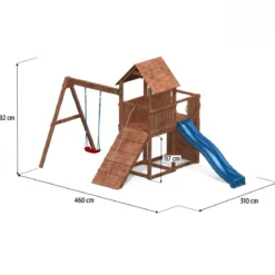 Parco Giochi in Legno con Altalena Scivolo Rampa con Corda Sabbiera 310x460x282 cm