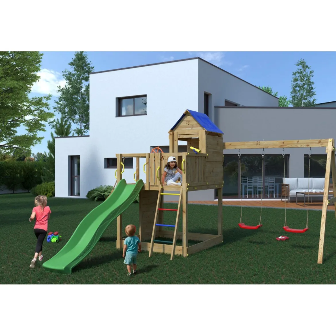 Parco Giochi in Legno da Giardino per Bambini Torretta Altalena Scivolo