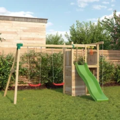 Parco Giochi in Legno Pirati Torretta con Altalena Scivolo Corda Arrampicata 310x460x282 cm