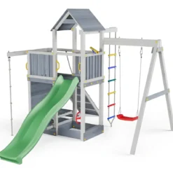 Parco Giochi in Legno Torre Scivolo Altalena Sabbiera Bianco Grigio