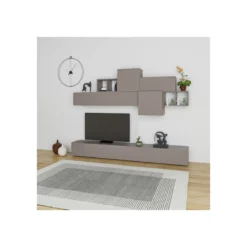 Parete Attrezzata in Legno Tortora 260 cm Mobile TV con vani a giorno e ante