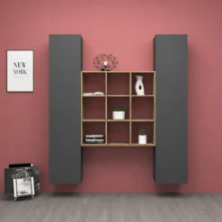 Parete Attrezzata Libreria per Soggiorno Antracite Opaco Rovere 170 cm