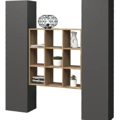 Parete Attrezzata Libreria per Soggiorno Antracite Opaco Rovere 170 cm